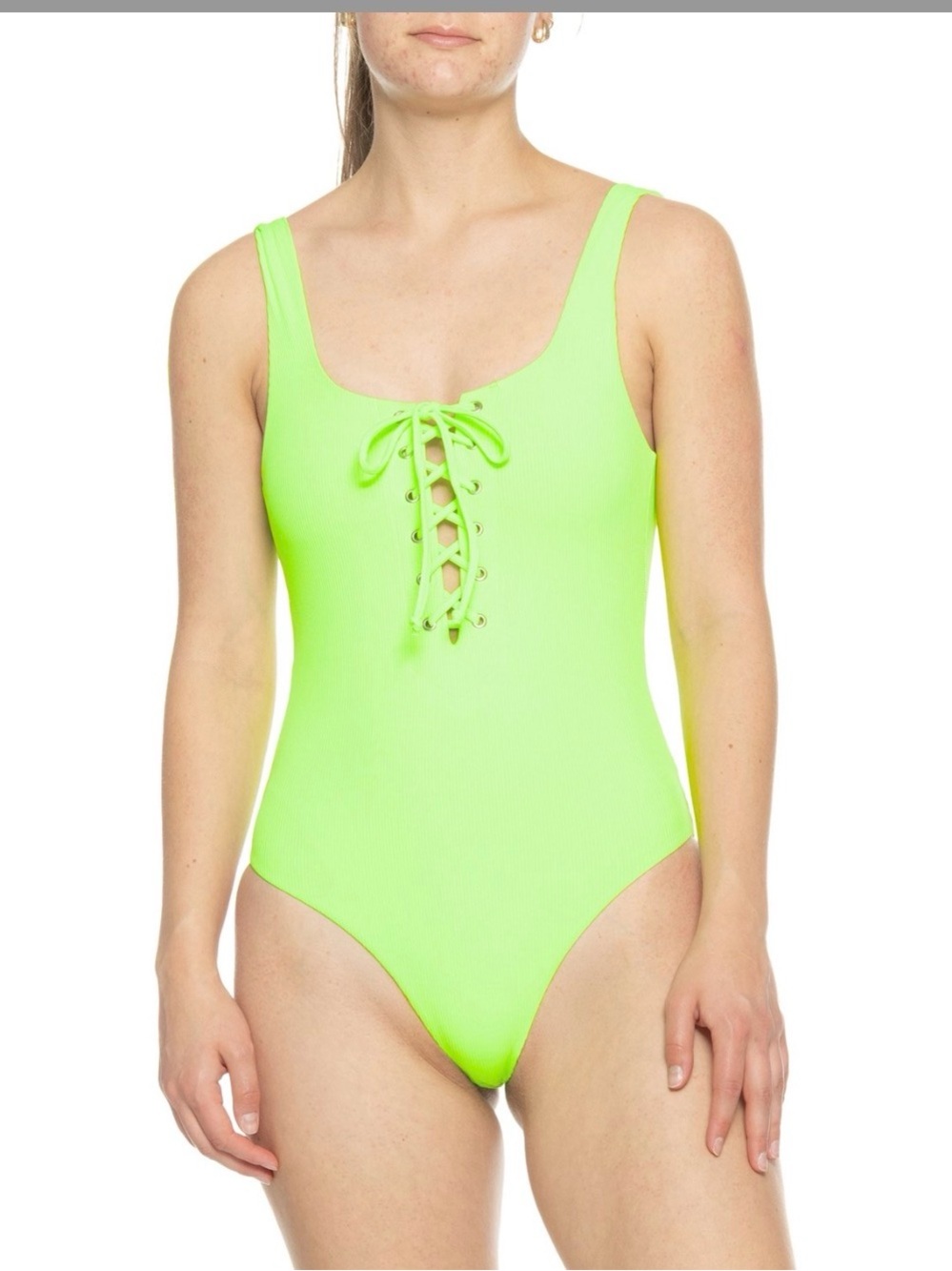 New! Year of Ours Neon Kiwi Lace-Up Women’s Ribbed One-Piece Swimsuit Sz S
